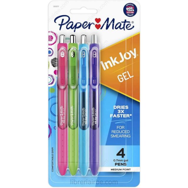Bolígrafos Gel, Retráctiles, Punta de 0.7 mm, Paper Mate Inkjoy Gel, Paquete de 4 Colores Fashion