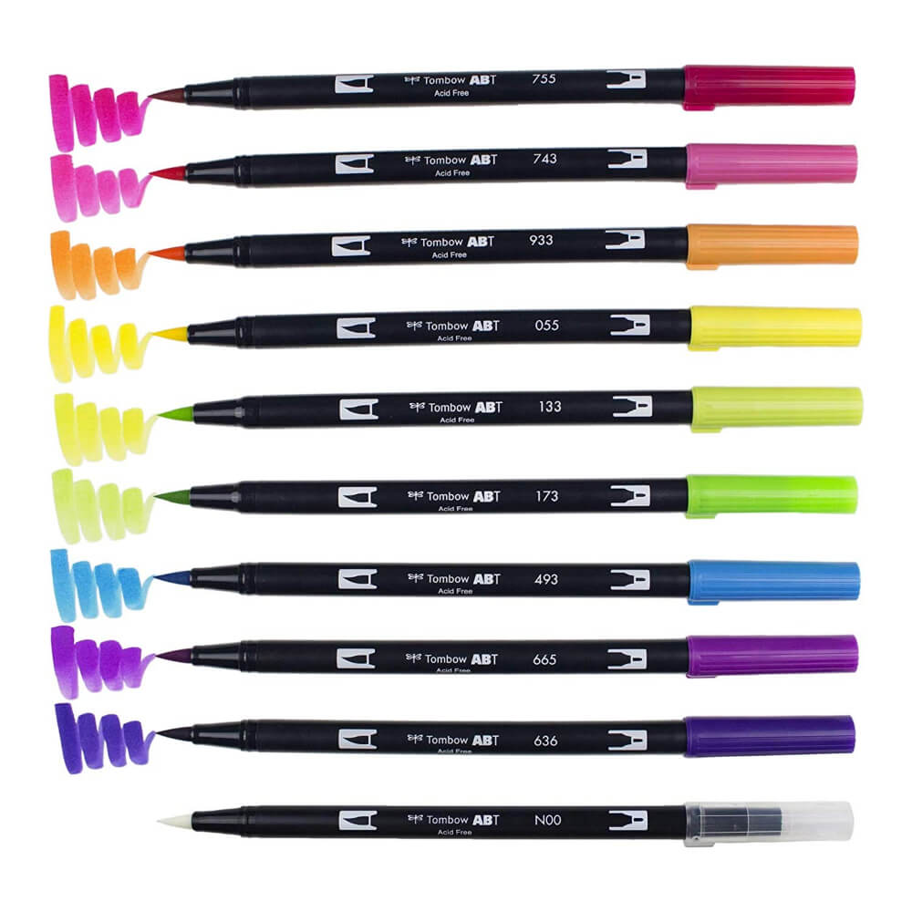 Set Vivo 10 Marcadores Acuarelables Doble Punta Tombow Dual Brush Pens Swatch