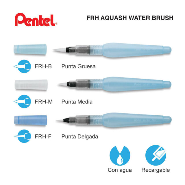 Pincel recargable con depósito de agua Aquash Brush Pentel Arts Tamaños