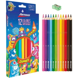 Lápices de Color, Jumbo, Triangulares, Artesco, Set de 12 Colores + Sacapuntas