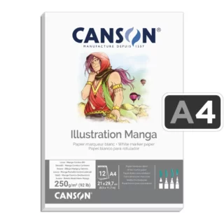 Papel para Marcadores, CANSON Ilustración Manga, Bloc con 12 Hojas Blancas de 250 g-m², Tamaño A4