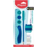 Kit de Útiles Escolares Maped Kidy Learn Concentration, Set de 4 Piezas (Regla, Lápiz con Protector, Tajador y Borrador)
