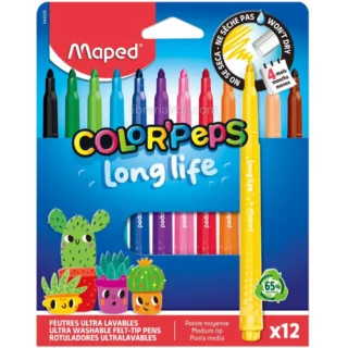 Marcadores Escolares, Lavables, Maped Color’Peps Long Life, Set de 12 Colores