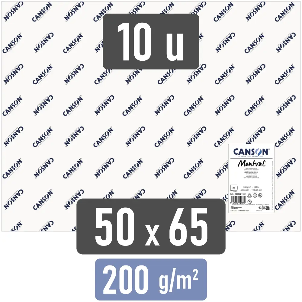 Papel para Pintar con Acuarelas, CANSON Montval®, Pliego de 50 x 65 cm, 200 g-m², Paquete 10 Hojas