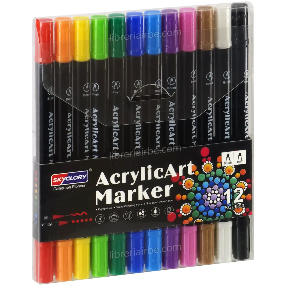 Marcadores de Pintura Acrílica, Doble Punta, (Pincel y Punto) SkyGlory Acrylic Art Marker, 12 Colore