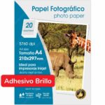 Papel Fotográfico, Autoadhesivo, Brillante (Glossy), Tamaño A4, para Imprimir, 135 g/m², Paquete de 20 Hojas