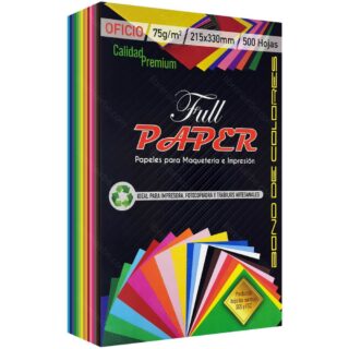 Papel Bond de Colores, Tamaño Oficio, 75 g-m². Full Paper, Paquete de 500 Hojas (15 Colores)