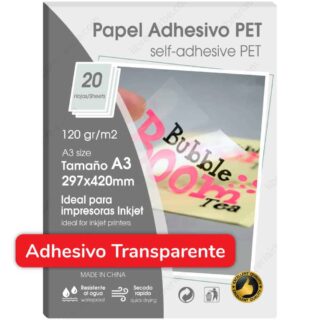 Paquete 20 Hojas de Papel Adhesivo Transparente con Brillo (Glossy) 120 g-m² Tamaño A3