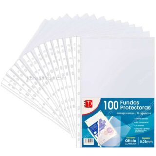 Paquete de 100 Fundas Plásticas Protectoras Transparentes 0.03 mm - 11 Orificios - Tamaño Oficio