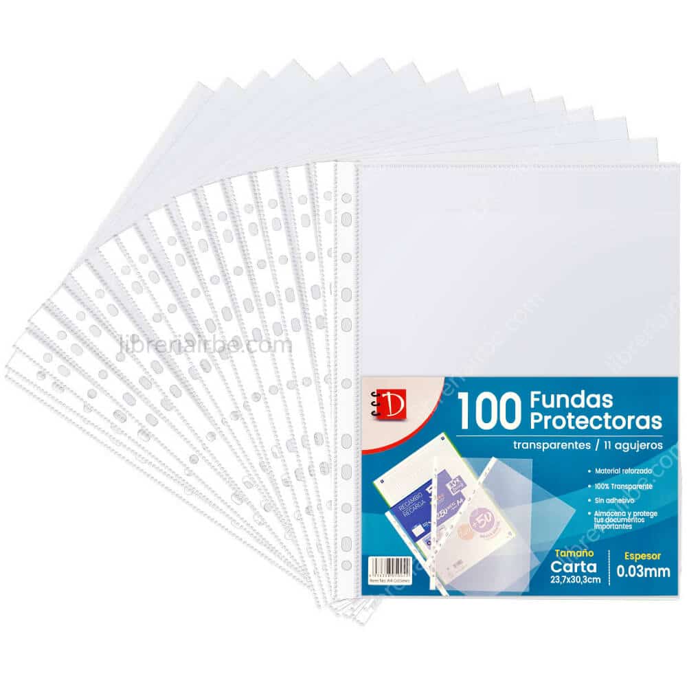 Paquete de 100 Fundas Plásticas Protectoras Transparentes 0.03 mm - 11  Orificios - Tamaño Carta / A4 - Librería IRBE Bolivia