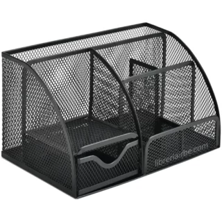 Organizador de 6 Compartimientos + Cajón, para Escritorio, Oficina, de Malla de Metal, Negro