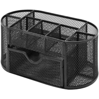 Organizador de 7 Compartimientos + Cajón, para Escritorio, Oficina, de Malla de Metal, Negro