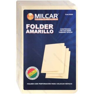 Folderes Color Amarillo, MILCAR, Tamaño Oficio, Paquete de 100 Piezas