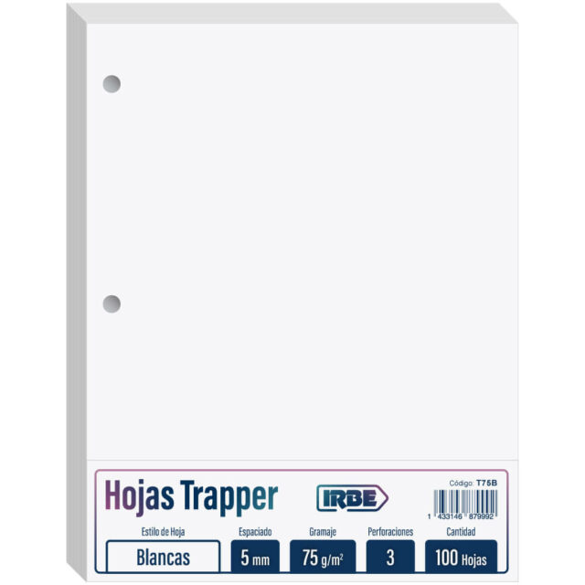 Hojas Trapper IRBE, Tamaño Carta, Paquete de 100, con 3 Perforaciones, 75 g-m², Blancas