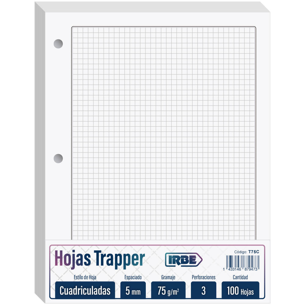 Hojas Trapper IRBE, Tamaño Carta, Paquete de 100, con 3 Perforaciones, 75 g-m², Cuadriculadas, 5 mm