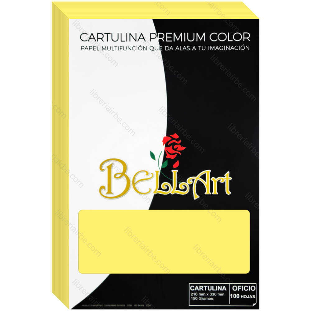 Cartulinas de Color, Tamaño Oficio, 150 g-m², Bellart, Paquete de 100 Hojas - Amarillo Limón