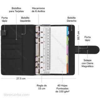 Planificador Agenda Ahorradora Carpeta de 6 Anillas Tamano A6 con Cierre Magnetico Negro Contenido Librería IRBE Cochabamba Bolivia