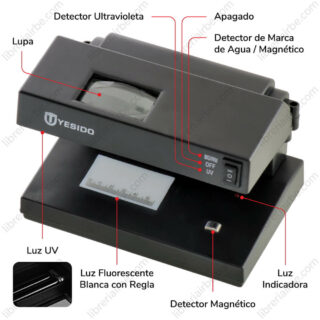 Detector de Billetes Falsos con Sensor Magnetico Luz Ultravioleta Luz Fluorescente Blanca Detalle Librería IRBE Cochabamba Bolivia