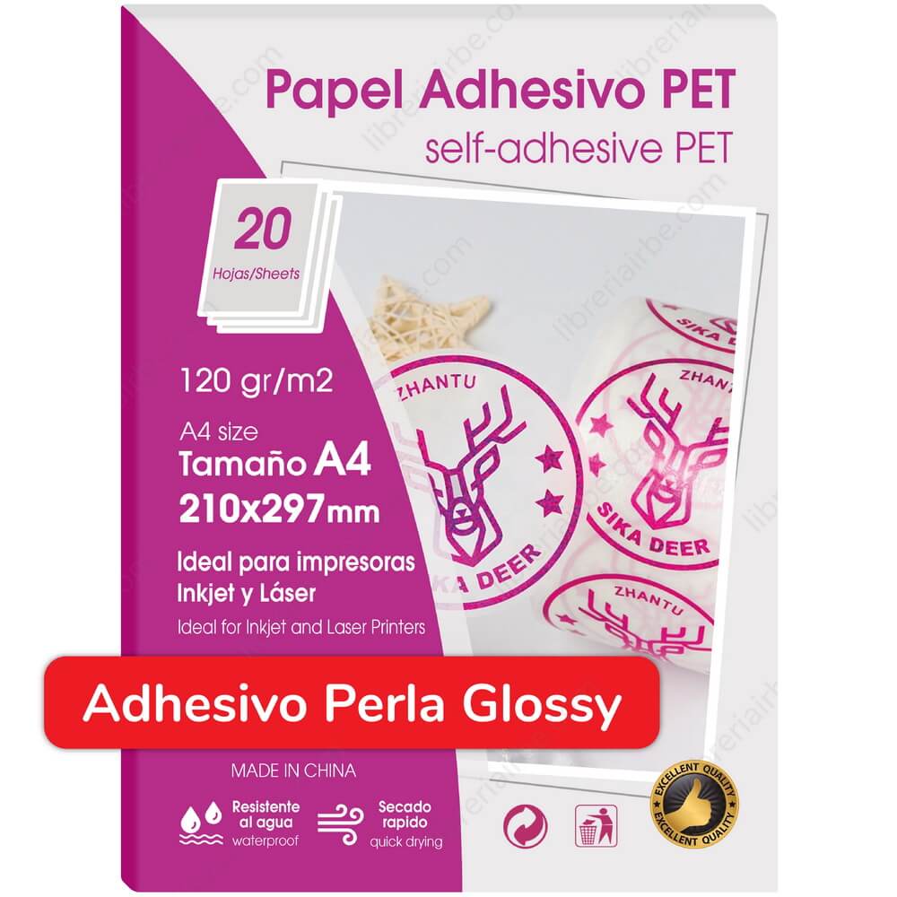 Papel Autoadhesivo, Perla, Brillante (Glossy), Tamaño A4, PET, para Imprimir, 120 g-m²