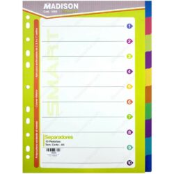 Separadores de Plástico con Pestañas, Tamaño Carta - A4, de Colores, MADISON, Paquete de 10 Piezas
