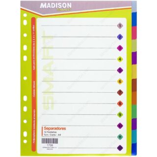 Separadores de Plástico con Pestañas, Tamaño Carta - A4, de Colores, MADISON, Paquete de 12 Piezas