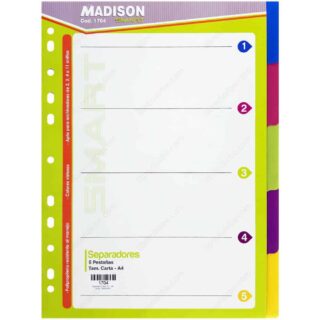 Separadores de Plástico con Pestañas, Tamaño Carta - A4, de Colores, MADISON, Paquete de 5 Piezas