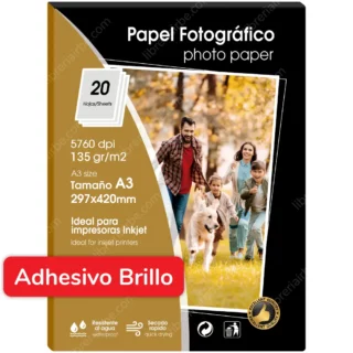 Papel Fotográfico, Adh, Brillante (Glossy), Tamaño A3, para Imprimir, 135 g-m², Paquete de 20 Hojas