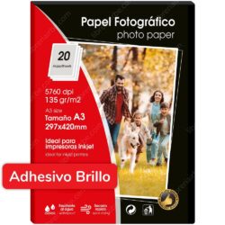Papel Fotográfico, Autoadhesivo, Brillante (Glossy), Tamaño A3, para Imprimir, 135 g-m², Paquete de 20 Hojas