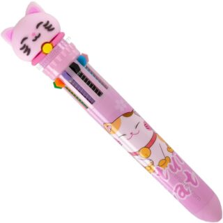 Bolígrafo Retráctil Multicolor, Punta de 0.5 mm, 10 Colores en 1, Weibo, Gato de la Fortuna - Rosa