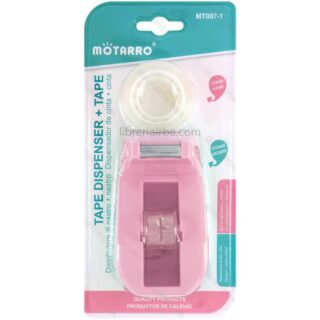 Dispensador Mini, Cortador, Despachador de Cinta, Motarro, Colores Pastel + 1 Rollo de Cinta Adhesiva - Rosa