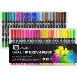 Marcadores Doble Punta (Pincel y Micropunta), Dual Tip Brush Pens, Mezclables, Paquete de 48 Colores