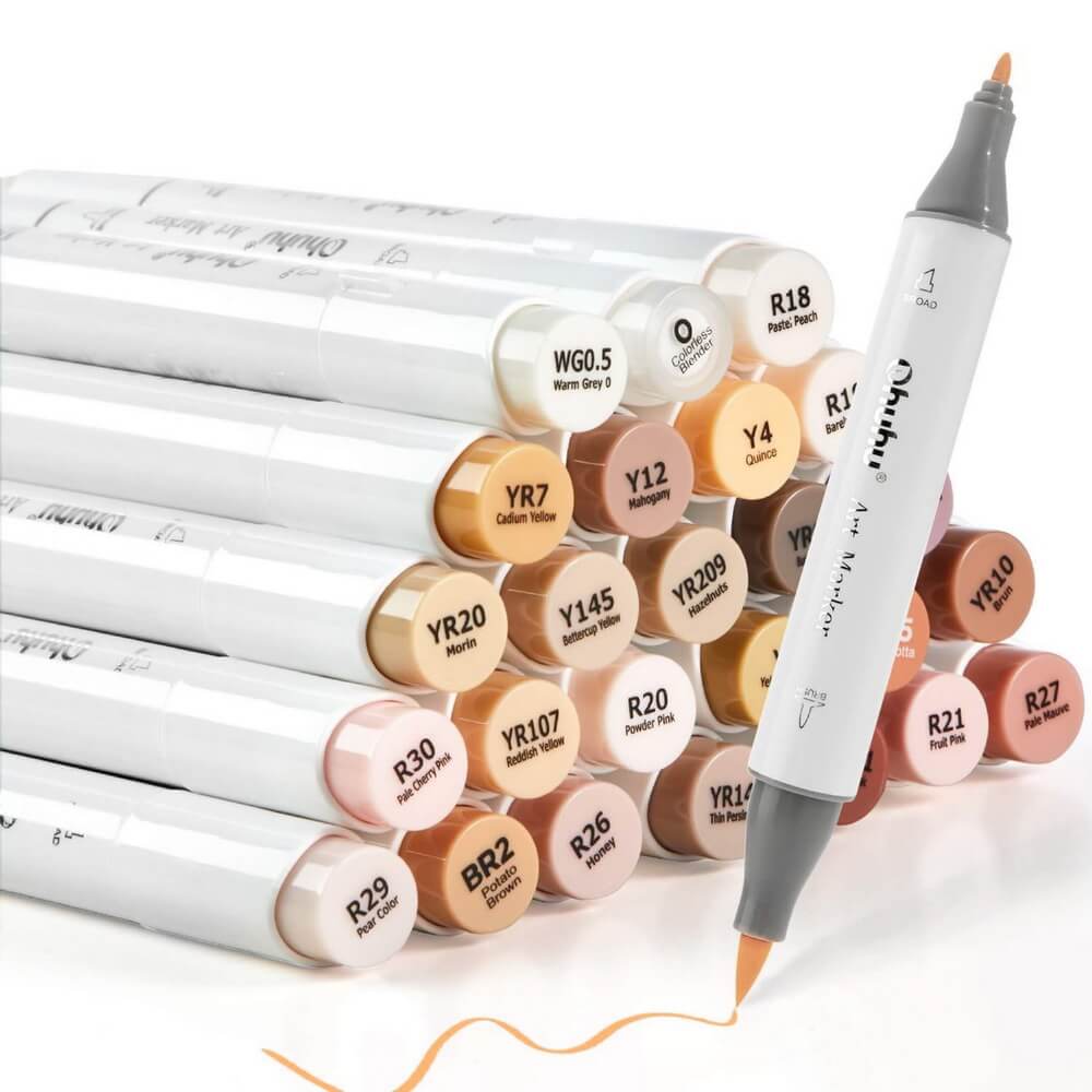 Marcadores Ohuhu, Serie Honolulu, a Base de Alcohol, Doble Punta (Pincel y Biselada), con Estuche de Tela, Set de 24 Colores Piel + Blender - Imagen 2