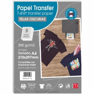 Papel Transfer para Telas Oscuras, Tamaño A4, para Imprimir, 200 g-m², Paquete de 5 Hojas