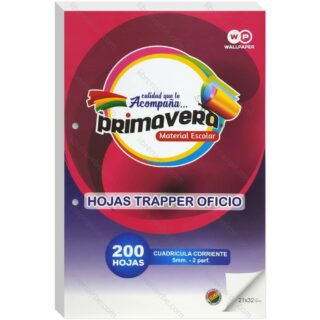Hojas Trapper Tamaño Oficio, Primavera, Paquete de 200, con 2 Perforaciones, Cuadriculadas 5 mm