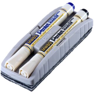 Almohadilla, Borrador de Pizarra Acrílica Blanca + 2 Marcadores Pentel MW85 (Azul y Negro)