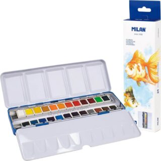 Acuarelas en Medias Pastillas, MILAN Art, con Estuche Metálico, Set de 24 Colores
