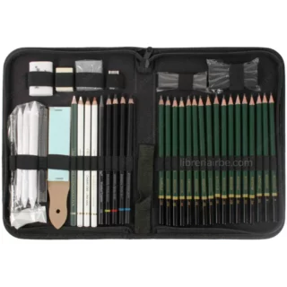 Juego Completo para Dibujo y Bocetos, con Estuche de Tela, Keep Smiling, Set de 42 Piezas Abierto
