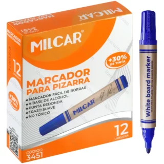 Marcador de Agua, para Pizarra Blanca, MILCAR, Punta Redonda, Caja de 12 Piezas, Azul
