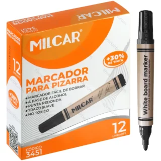 Marcador de Agua, para Pizarra Blanca, MILCAR, Punta Redonda, Caja de 12 Piezas, Negro