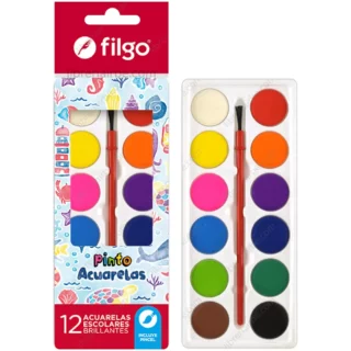 Acuarelas en Pastillas, Filgo Pinto, Escolares, Set de 12 Colores + Pincel