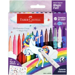 Marcadores Escolares Faber-Castell Fiesta, Lavables, Punta Fina, 10 Colores + 3 Magic Fun Unicornio