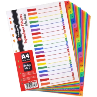Separadores de Plástico de Colores, Tamaño Carta - A4, TALBOT, Paquete de 20 Piezas, Alfabético
