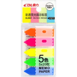 Banderitas, Flechas, Adhesivas de Plástico Semitransparente, DL, Set de 100 Piezas, 5 Colores Neón