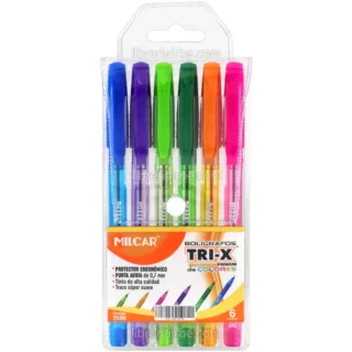 Bolígrafos MILCAR TRI-X PREMIUM, Triangulares, Punta Aguja de 0.7 mm, Set de 6 Colores