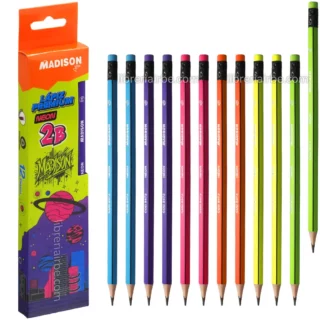 Lápices Negros, de Grafito 2B, MADISON Premium Neón, Triangulares, con Goma, Caja de 12 Piezas