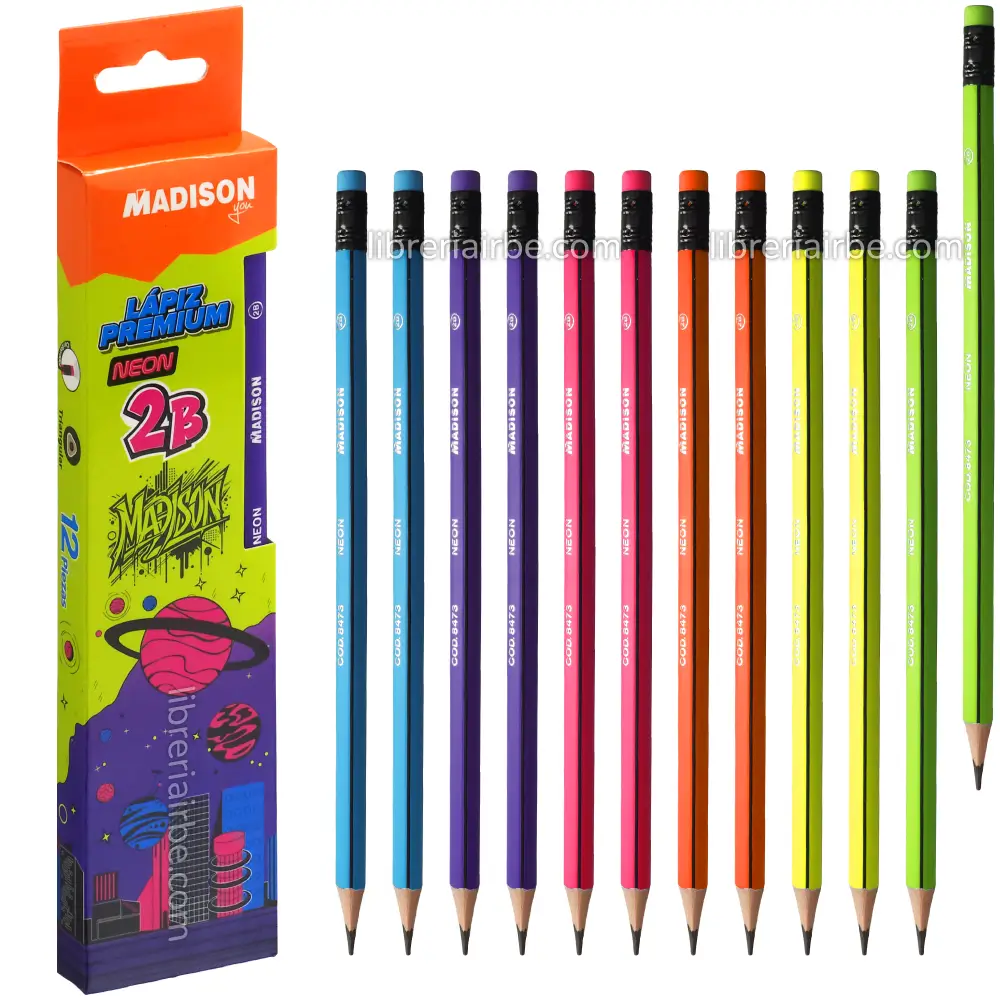 Lápices Negros, de Grafito 2B, MADISON Premium Neón, Triangulares, con Goma, Caja de 12 Piezas