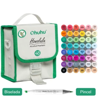 Marcadores Ohuhu, Serie Honolulu, a Base de Alcohol, Doble Punta (Pincel y Biselada), con Estuche de Tela, Set de 48 Colores + Blender