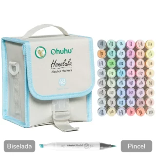Marcadores Ohuhu, Serie Honolulu, a Base de Alcohol, Doble Punta (Pincel y Biselada), con Estuche de Tela, Set de 48 Colores Pastel + Blender