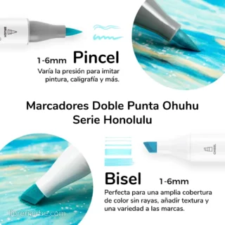 Marcadores Ohuhu, Serie Honolulu, a Base de Alcohol, Doble Punta (Pincel y Biselada), con Estuche de Tela, Set de 48 Colores Pastel + Blender - Imagen 3