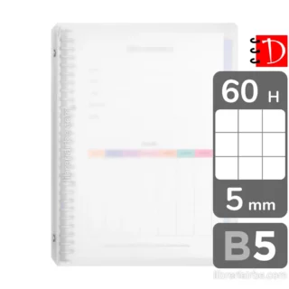 Cuaderno Infinito, Minimalista, Recargable, Tamaño B5, Anillos de Metal, Tapa Flexible Transparente, con 60 Hojas Cuadriculadas + 4 Separadores